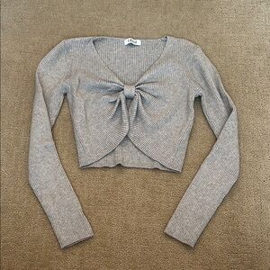 Gray Ribbed Sweater with Bow Detail
